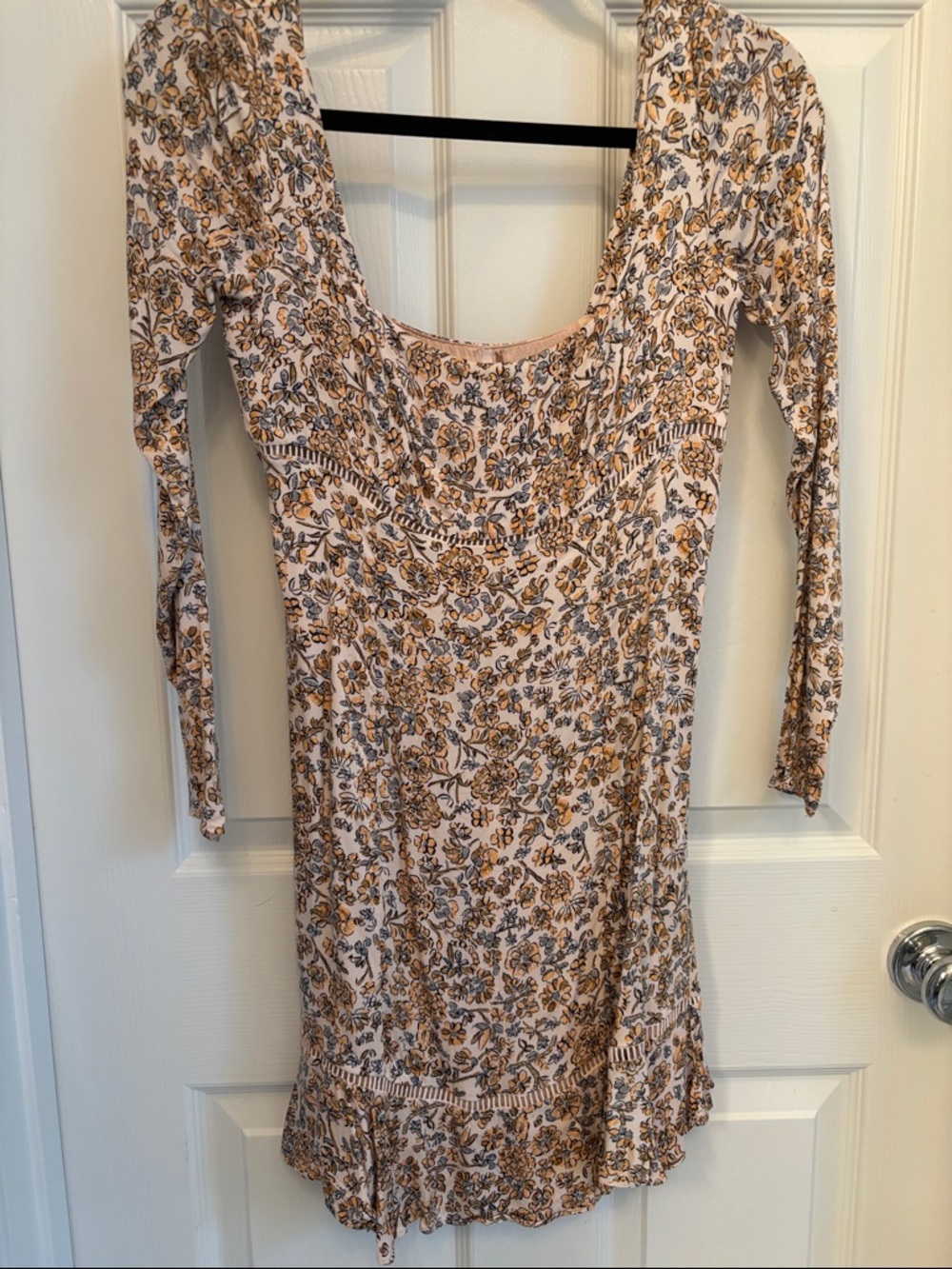 Free People Cream and Brown Floral Long Sleeve Scoop Dress